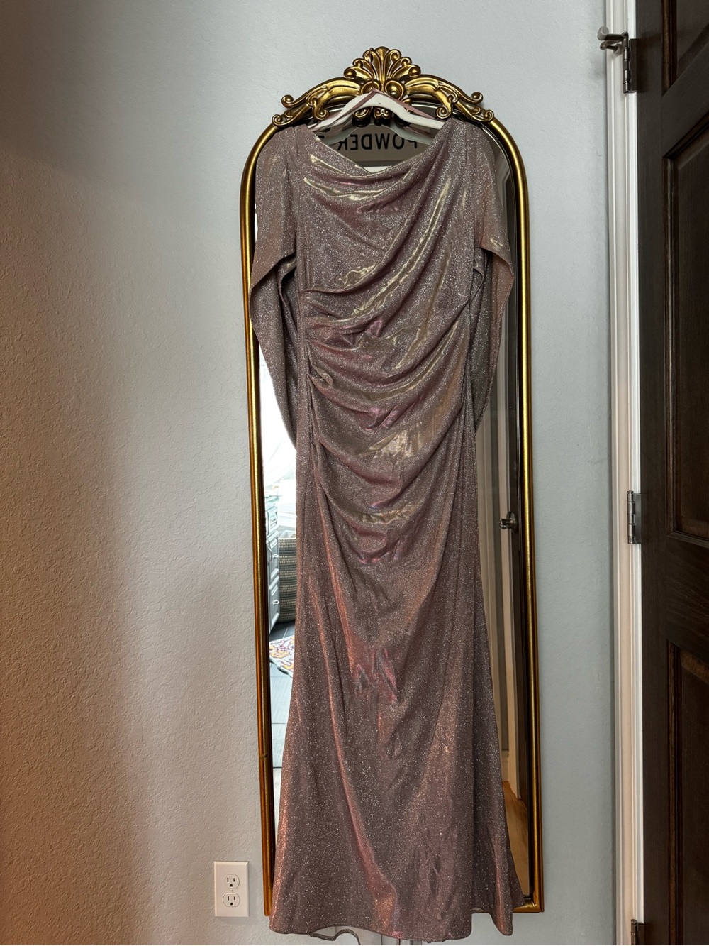 Betsy & Adam cape sleeve trumpet gown